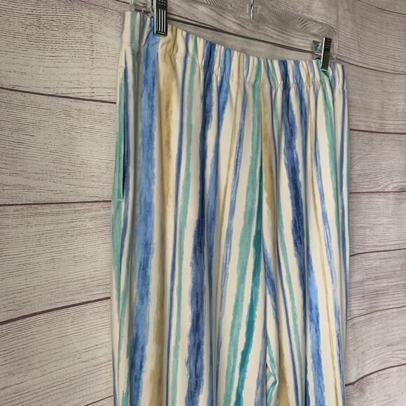 Susan Graver Blue Beige Striped Crop Wide Leg Pants or Capris Pockets Size M - Picture 7 of 12